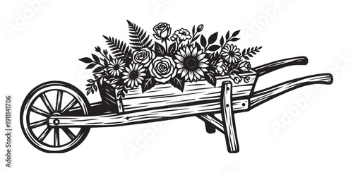 Rustic wooden wheelbarrow filled with an abundant bouquet of flowers, including roses and sunflowers, is rendered in a bold black and white graphic woodcut style