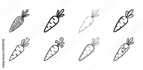 Set of eight black carrot icons drawn in various artistic styles including doodle, sketch, line art, stipple, and a cute cartoon character for a playful food concept