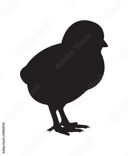 Black silhouette of a baby chick standing in profile, a simple and cute graphic illustration representing Easter, spring, new life, and farming in a minimalist style
