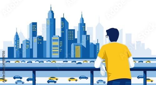 Person Gazing At Busy Cityscape And Traffic Below