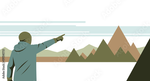 Person Pointing Towards Abstract Mountain Landscape