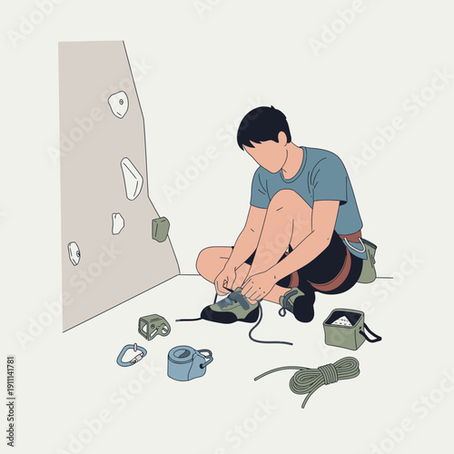 Person Prepares For Indoor Rock Climbing Adventure And Ties Shoes Before Ascending