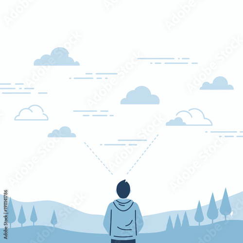 Person Gazing At Cloud Filled Sky Over Rolling Hills