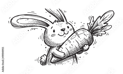 Cute hand-drawn cartoon rabbit character holding a large carrot with a happy smile on its face in a whimsical black and white sketch style illustration for children