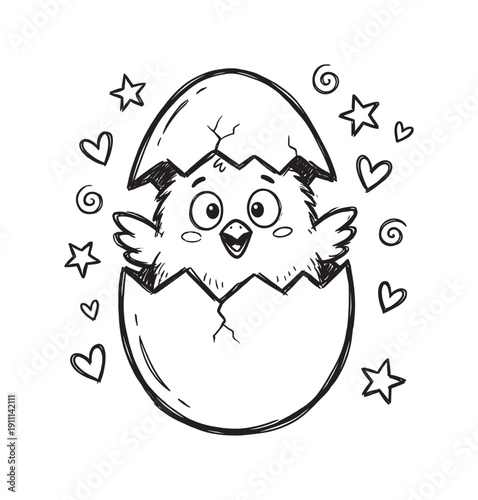 Cute hand-drawn baby chick hatching from a cracked egg with a happy expression, surrounded by doodle hearts and stars in a black and white sketch style illustration