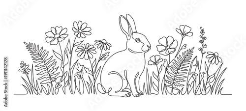 Continuous one line drawing of a rabbit sitting among wildflowers, ferns, and grass in a minimalist artistic style, representing a peaceful nature and wildlife scene