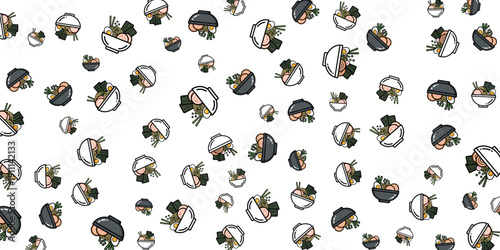 A seamless pattern of small colorful food bowls with fresh ingredients on a white background