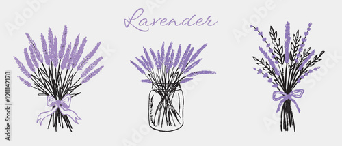 Hand drawn Lavender bouquet in glass jar, with purple ribbon bow. Wedding invitation design, print template, retro plants. Vector sketch illustration in vintage crayon charcoal style