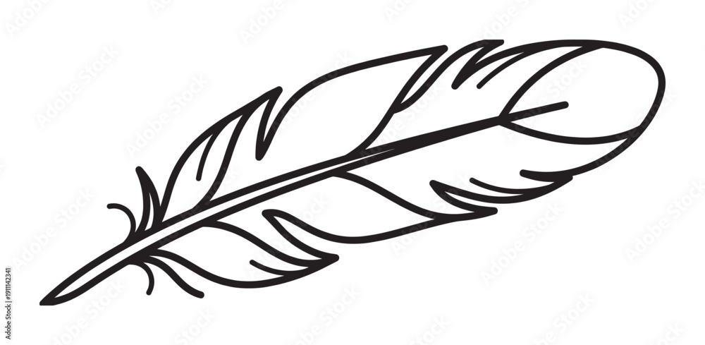 Obraz premium Simple hand-drawn feather illustration with black outlines in a minimalist doodle style, this delicate quill sketch symbolizes lightness, nature, freedom, and bohemian culture
