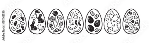 Seven hand-drawn Easter eggs filled with various candies, sweets, and festive treats, featuring bunnies, chicks, and jelly beans in a charming black and white doodle style