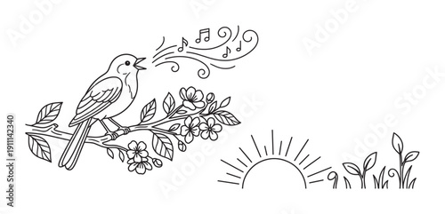 Small black outline bird perched on a flowering branch sings cheerfully, with musical notes floating upwards, a rising sun, and fresh green sprouts visible in this charming spring illustration
