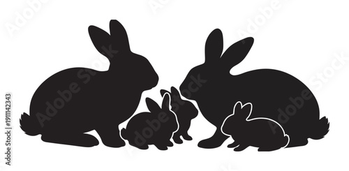 Four black rabbit silhouettes, two adults and two small bunnies, are depicted in a graphic, minimalist style, symbolizing family, spring, and new life