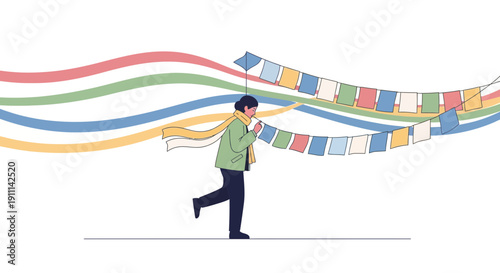 Person Walking With Prayer Flags And Colorful Swirls Abstract Background