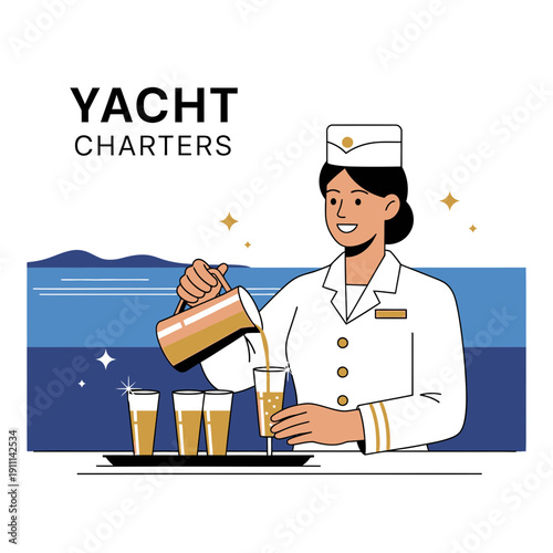Professional Yacht Crew Member Serving Refreshments To Guests At Sea