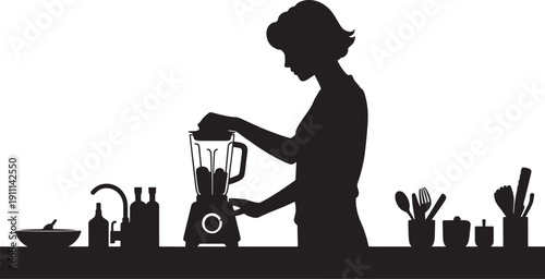 Woman using blender in kitchen with utensils and bottles on counter