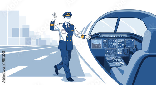 Pilot Greeting Next To Aircraft Cockpit And Cityscape Background