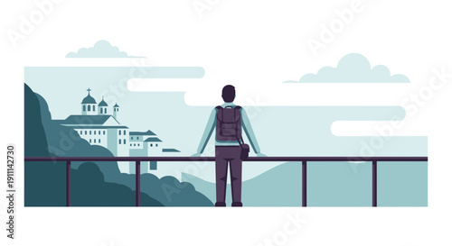Person Looking At Mountain Monastery Landscape In Flat Style