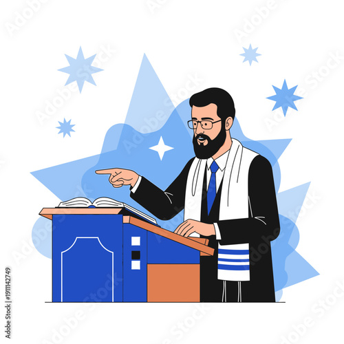 Rabbi Preaching From Podium With Torah Book On Stand