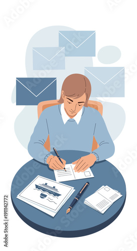 Person Writing Important Correspondence On A Round Table With Envelopes Above