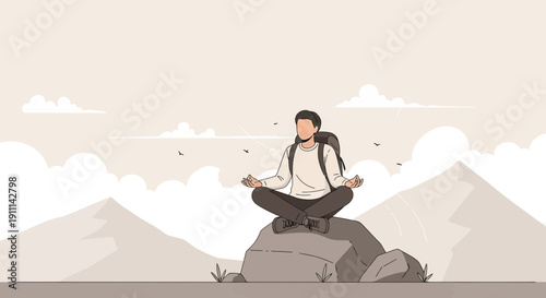 Person Meditating Outdoors On A Rocky Summit With Mountain Backdrop