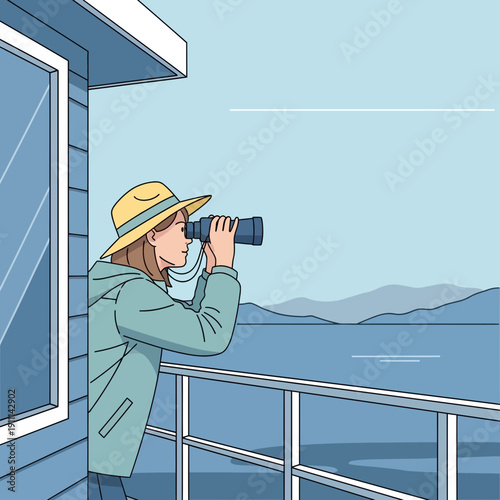 Person Observing Distant Horizon Through Binoculars From Balcony