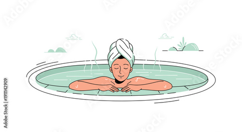 Relaxation In A Steaming Outdoor Hot Tub With A Towel Wrapped Head