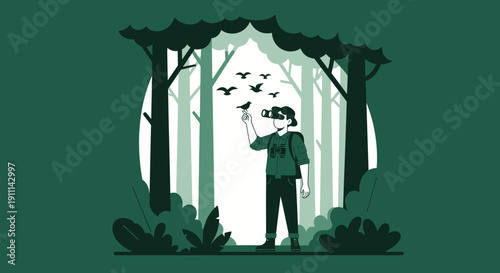 Person Observing Wildlife In Lush Green Forest With Birds