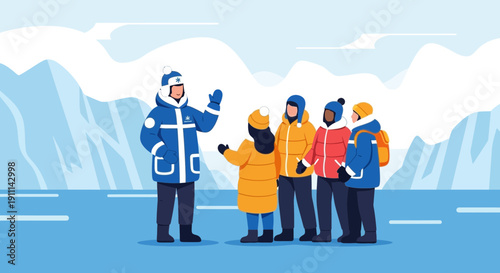 Polar Expedition Guide Leads Diverse Group Through Icy Landscape