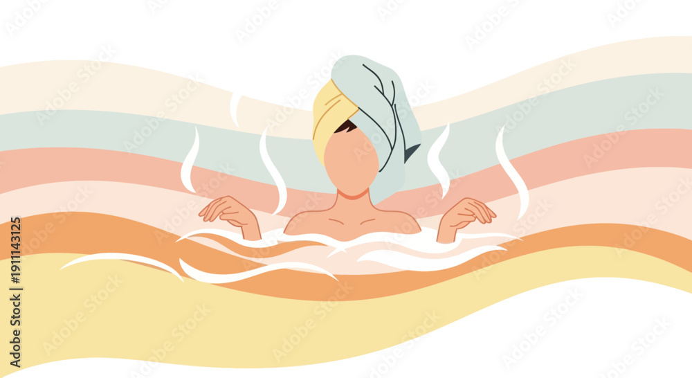 Fototapeta premium Relaxing Bath With Steam And Towel Wrapped Head