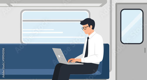 Productive Commute Focused Business Professional Working On Laptop In Train