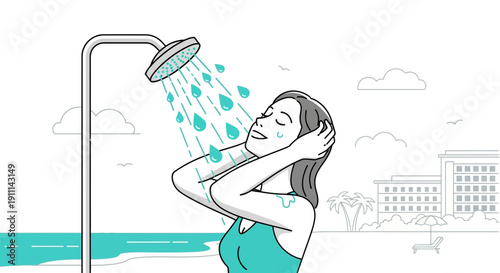 Relaxing Beach Shower Enjoyment With Ocean View And Resort Background