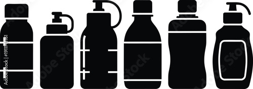 Set of black silhouettes featuring various plastic bottles and pump dispensers with labels for hygiene products skincare and cosmetic branding.