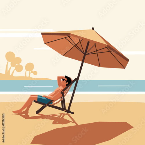 Relaxing Beach Vacation Scene With Man Under Umbrella