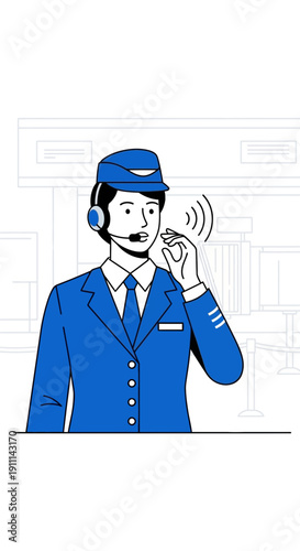 Professional Airline Pilot Communicating Via Headset In Airport Terminal