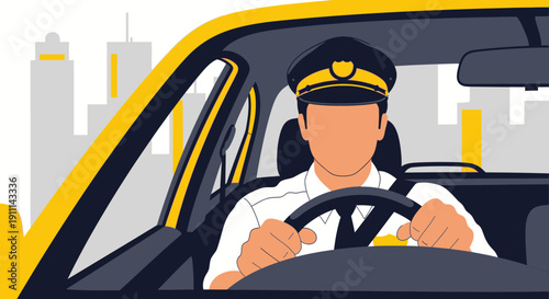 Professional Driver Navigating Cityscape in Bright Yellow Taxi Cab
