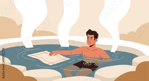 Relaxing Man Enjoying Hot Spring With Steam And Towel