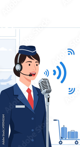 Professional Flight Attendant Communicating Via Vintage Microphone with WiFi Signals