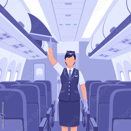 Professional Flight Attendant Securing Overhead Compartment Inside Airplane Cabin