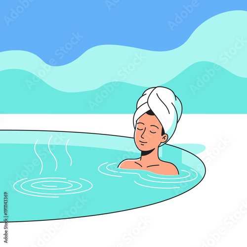 Relaxing Person Enjoys Steamy Hot Spring With Towel On Head Blissful Serenity