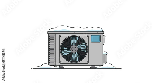 An outdoor air conditioning unit, partially covered with snow on top and around its base, sitting on the ground.