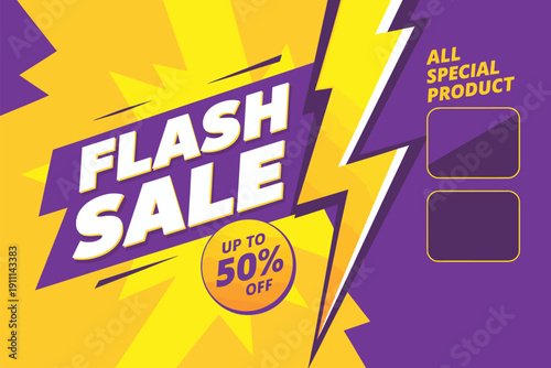 flash sale discount banner template promotion, lightning icon with yellow text on purple background, limited time offer design, special price marketing concept, ecommerce advertisement layout, modern 