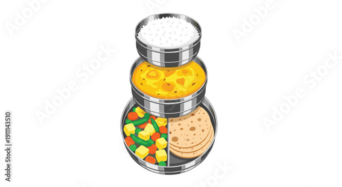 A three-tiered stack of round silver Indian tiffin lunch boxes filled with rice, curry, vegetables, and flatbread.