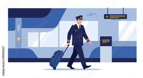 Professional Pilot Walking Through Modern Airport Terminal With Luggage