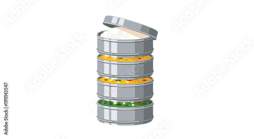 A tall stack of five round silver Indian tiffin lunch boxes with the top open, showing rice and various dishes.