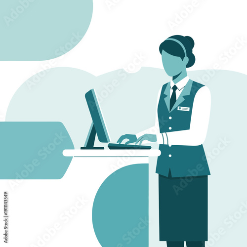 Professional Receptionist At Work Using Computer In Modern Office Environment