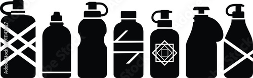 Collection of black silhouettes featuring various water bottles and plastic containers with unique geometric labels and sport caps for fitness and branding.