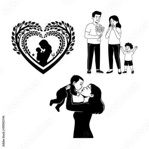 Dia de la Madre lifestyle bundle with mother and son cooking, working mom laptop with baby, mother daughter hug and breakfast in bed