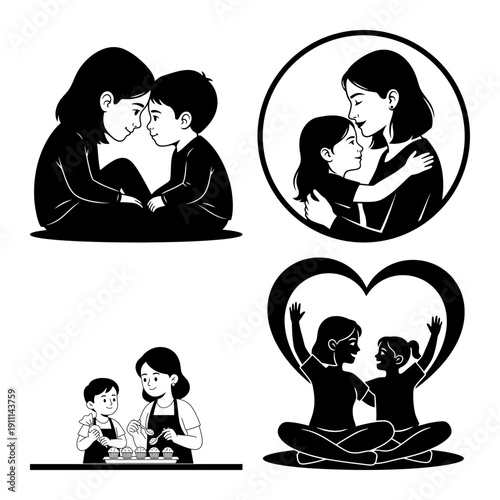 Dia de la Madre motherhood bundle with heart profile, shopping mom and son, mother kiss and baby emblem