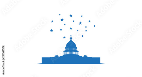 Blue silhouette of the United States Capitol building, stars floating upwards from its dome against a white background.