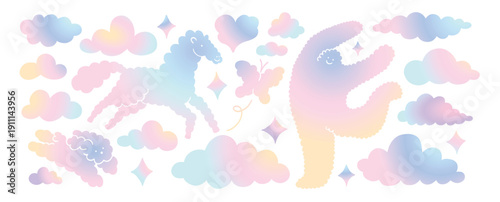 Y2k liquid gradient style hologram shape vector element. Holographic cloud human horse rabbit sticker. White background. Modern organic symbol. Aesthetic blur shine figure set. Graphic decoration.